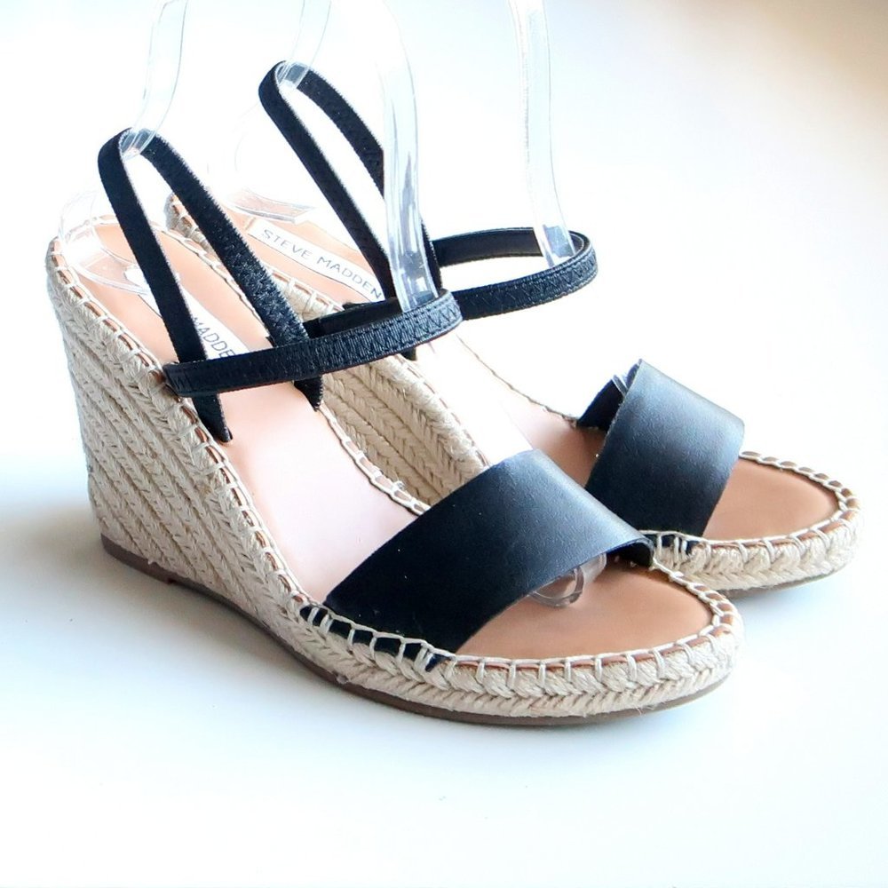 Steve Madden Black Mckenzie Espadrille Wedges Sandals Summer Shoes Size 6.5